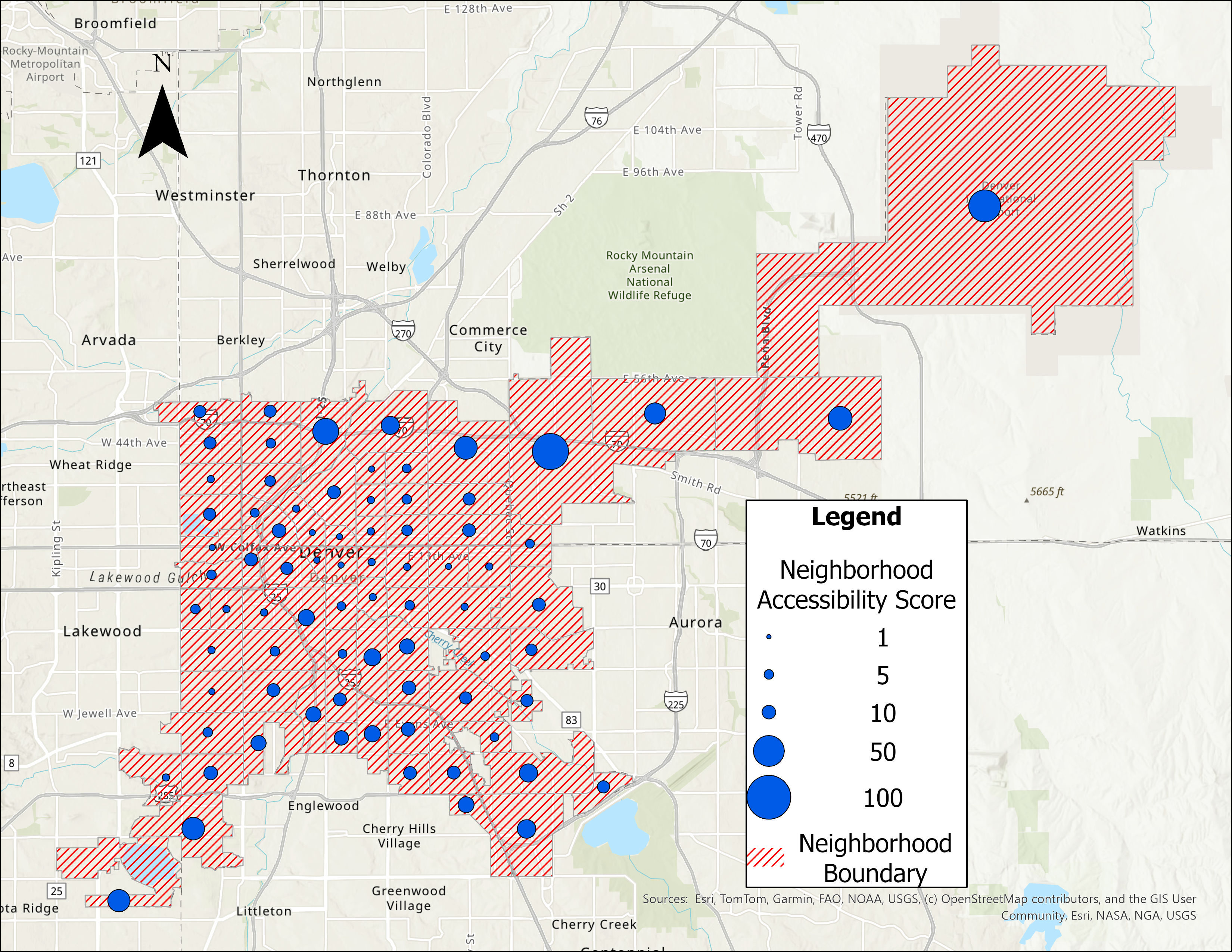 Accessibility score map from the Denver 15-minute city tool