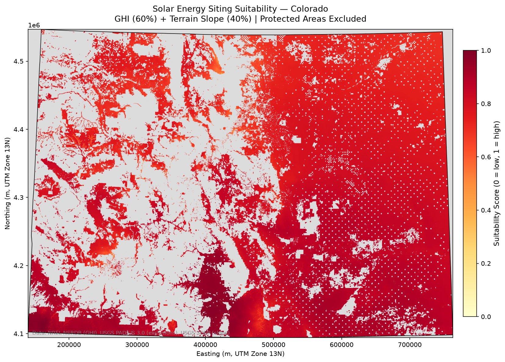 Solar suitability map showing showing locations suitable for solar panel installation across Colorado, based on solar irradiance and protected area constraints